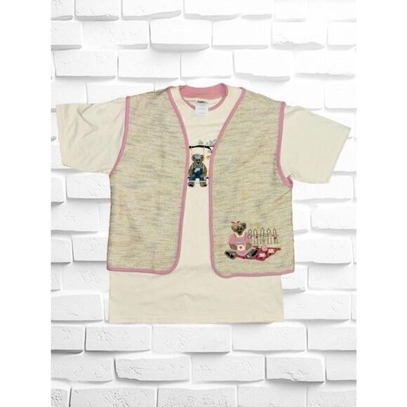 Suttons Womens Large Retro Waffle Knit Teddy Bear Vest & T-shirt Set Cottagecore - Picture 2 of 15